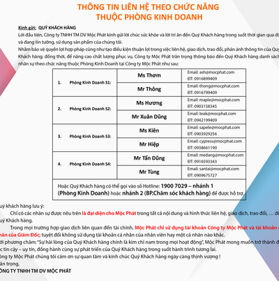 Thông báo liên hệ theo chức năng thuộc phòng Kinh Doanh