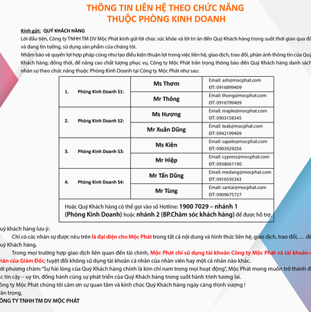 Thông báo liên hệ theo chức năng thuộc phòng Kinh Doanh