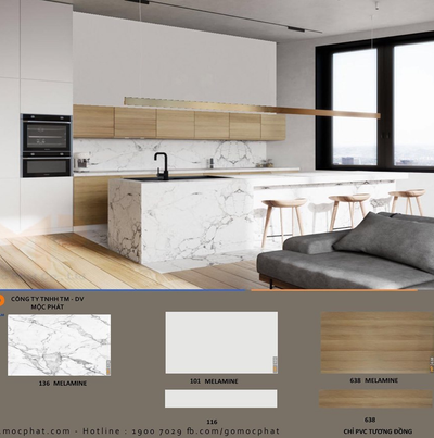 Thêm một gợi ý kết hợp bộ ba Melamine vân đá, vân gỗ và đơn sắc theo gam màu sáng