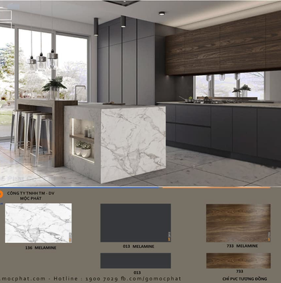 Không gian bếp đầy mê hoặc với sự kết hợp giữa ván phủ melamine vân đá, vân gỗ và đơn sắc