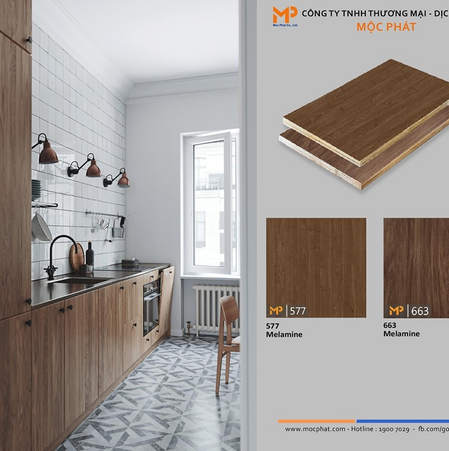 Plywood phủ Melamine vân gỗ nâu: Vật liệu đúng chuẩn cho gian bếp