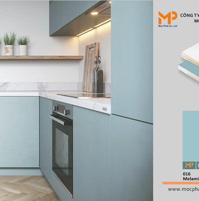 Sự kết hợp giữa Plywood phủ melamine màu pastel và vân đá cho không gian thêm phần thanh lịch