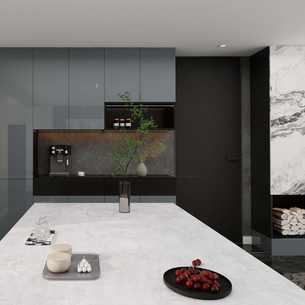 Ứng Dụng Acrylic Xám Bóng G968 Kết Hợp Melamine Trắng 0143 Trong Thiết Kế Nội Thất